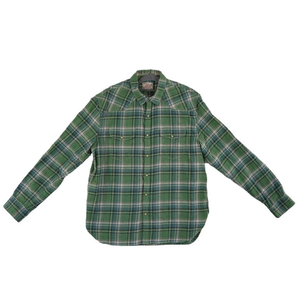 Lucky Brand Western Shirt Men's Size Large Green‎ Plaid Pearl Snap Front Flannel